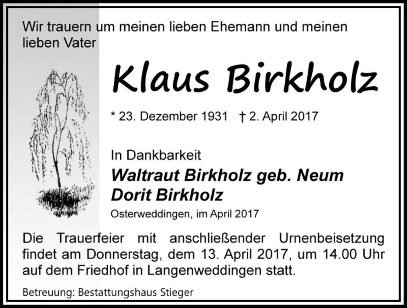  Traueranzeige für Klaus Birkholz  vom 08.04.2017 aus Magdeburger Volksstimme