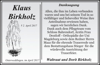 Traueranzeige von Klaus Birkholz  von Magdeburger Volksstimme