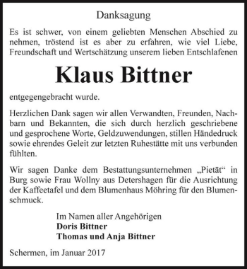 Traueranzeige von Klaus Bittner  von Magdeburger Volksstimme