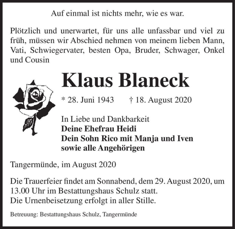  Traueranzeige für Klaus Blaneck  vom 21.08.2020 aus Magdeburger Volksstimme