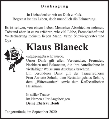 Traueranzeige von Klaus Blaneck  von Magdeburger Volksstimme