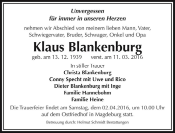 Traueranzeige von Klaus Blankenburg  von Magdeburger Volksstimme