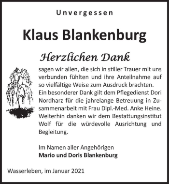 Traueranzeige von Klaus Blankenburg  von Magdeburger Volksstimme