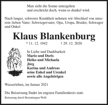 Traueranzeige von Klaus Blankenburg  von Magdeburger Volksstimme