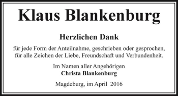 Traueranzeige von Klaus Blankenburg  von Magdeburger Volksstimme