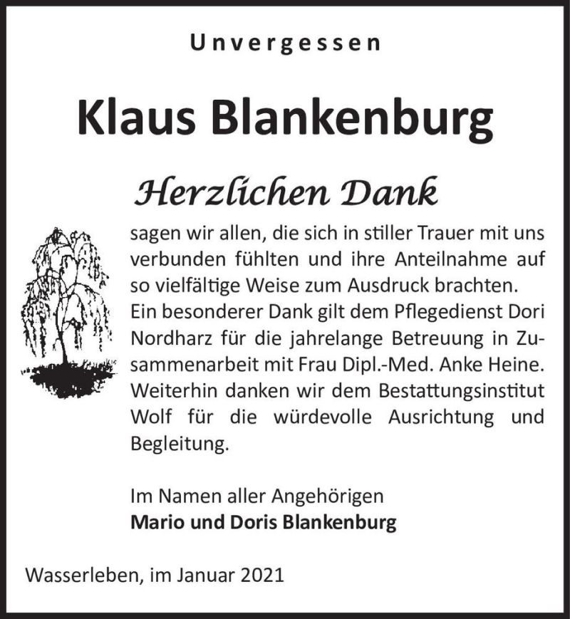  Traueranzeige für Klaus Blankenburg  vom 30.01.2021 aus Magdeburger Volksstimme