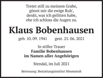 Traueranzeige von Klaus Bobenhausen  von Magdeburger Volksstimme