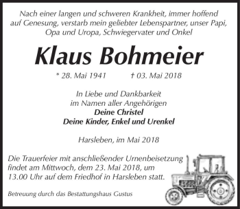 Traueranzeige von Klaus Bohmeier  von Magdeburger Volksstimme