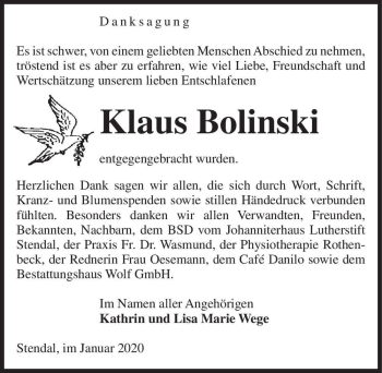 Traueranzeige von Klaus Bolinski  von Magdeburger Volksstimme