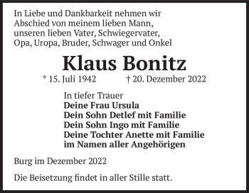 Traueranzeige von Klaus Bonitz  von Magdeburger Volksstimme