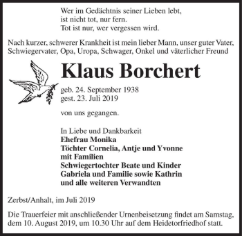 Traueranzeige von Klaus Borchert  von Magdeburger Volksstimme