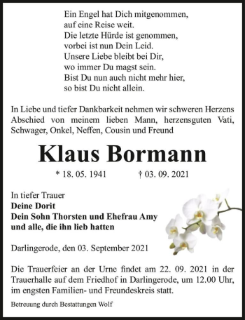 Traueranzeige von Klaus Bormann  von Magdeburger Volksstimme