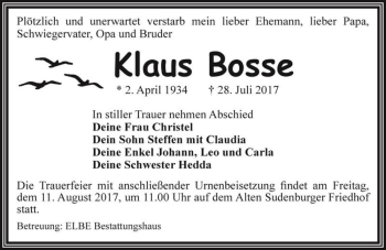 Traueranzeige von Klaus Bosse  von Magdeburger Volksstimme