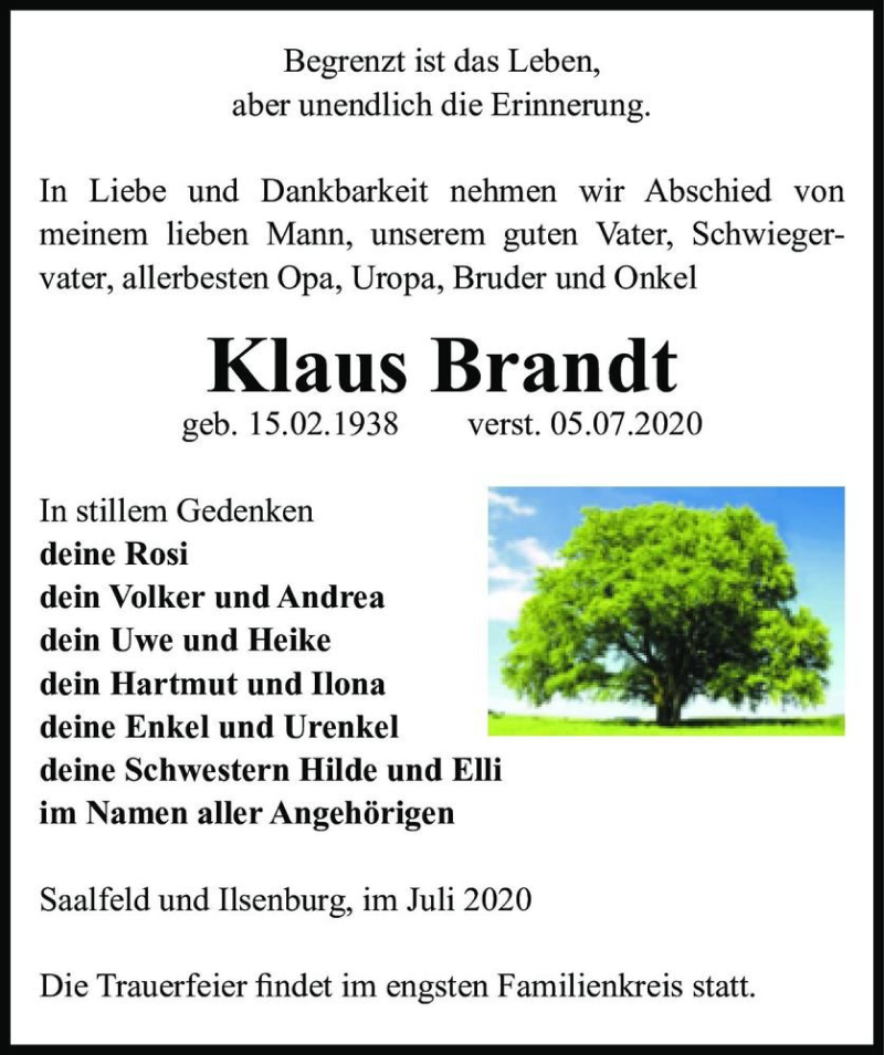  Traueranzeige für Klaus Brandt  vom 11.07.2020 aus Magdeburger Volksstimme