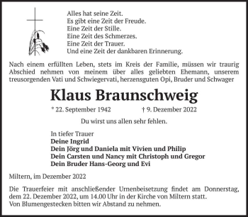 Traueranzeige von Klaus Braunschweig  von Magdeburger Volksstimme