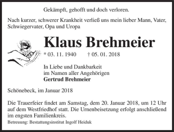 Traueranzeige von Klaus Brehmeier  von Magdeburger Volksstimme