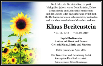 Traueranzeige von Klaus Breitenstein  von Magdeburger Volksstimme