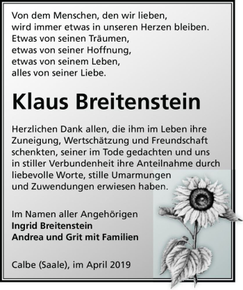 Traueranzeige von Klaus Breitenstein  von Magdeburger Volksstimme