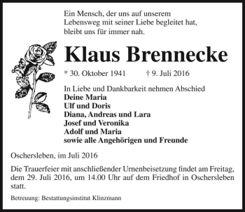 Traueranzeige von Klaus Brennecke  von Magdeburger Volksstimme