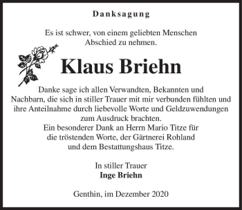 Traueranzeige von Klaus Briehn  von Magdeburger Volksstimme