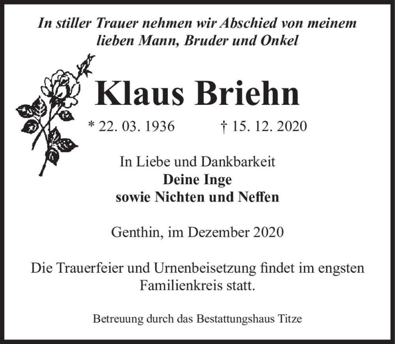  Traueranzeige für Klaus Briehn  vom 19.12.2020 aus Magdeburger Volksstimme