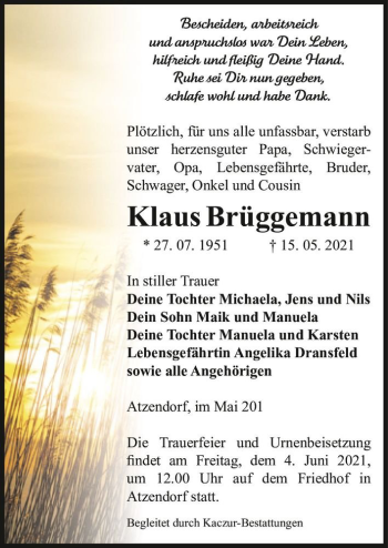 Traueranzeige von Klaus Brüggemann  von Magdeburger Volksstimme