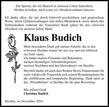 Traueranzeige von Klaus Budich  von Magdeburger Volksstimme