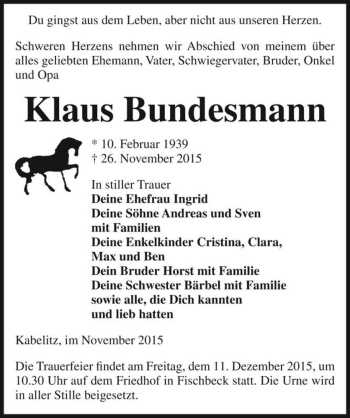 Traueranzeige von Klaus Bundesmann  von Magdeburger Volksstimme