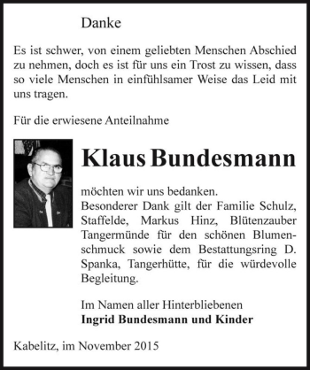 Traueranzeige von Klaus Bundesmann  von Magdeburger Volksstimme