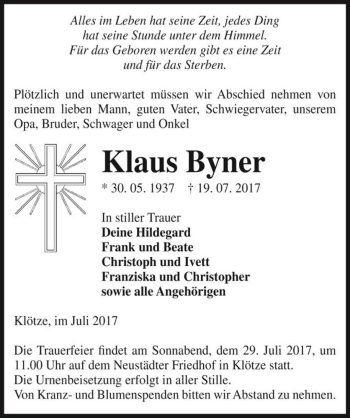 Traueranzeige von Klaus Byner  von Magdeburger Volksstimme