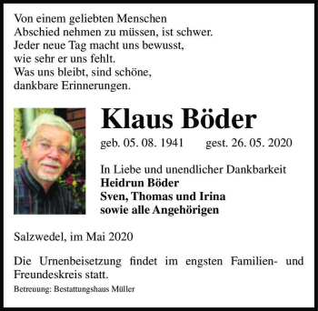 Traueranzeige von Klaus Böder  von Magdeburger Volksstimme
