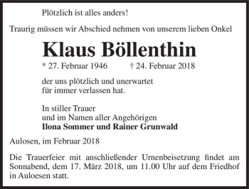 Traueranzeige von Klaus Böllenthin  von Magdeburger Volksstimme