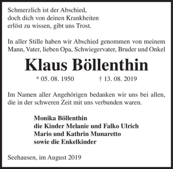 Traueranzeige von Klaus Böllenthin  von Magdeburger Volksstimme