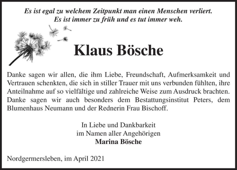  Traueranzeige für Klaus Bösche  vom 08.04.2021 aus Magdeburger Volksstimme