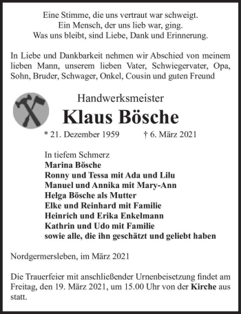 Traueranzeige von Klaus Bösche  von Magdeburger Volksstimme