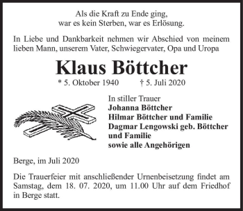Traueranzeige von Klaus Böttcher  von Magdeburger Volksstimme