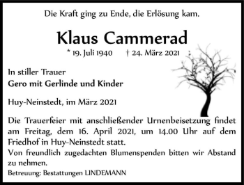 Traueranzeige von Klaus Cammerad  von Magdeburger Volksstimme