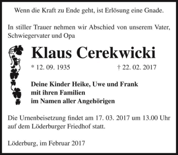 Traueranzeige von Klaus Cerekwicki  von Magdeburger Volksstimme