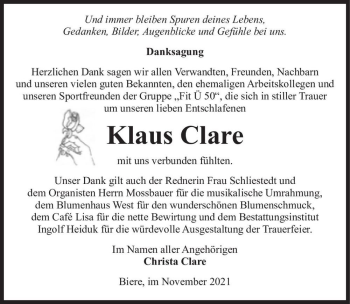 Traueranzeige von Klaus Clare  von Magdeburger Volksstimme