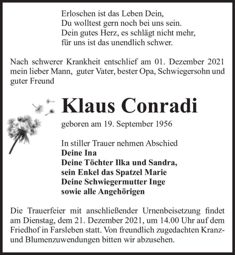  Traueranzeige für Klaus Conradi  vom 11.12.2021 aus Magdeburger Volksstimme