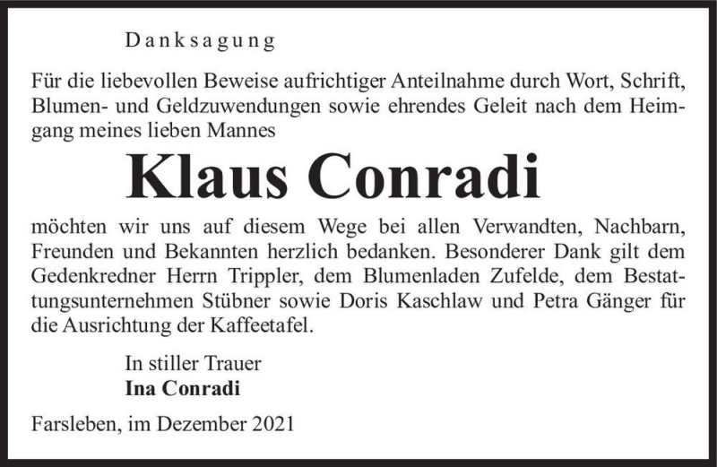  Traueranzeige für Klaus Conradi  vom 31.12.2021 aus Magdeburger Volksstimme