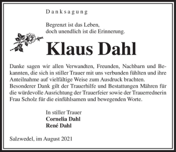 Traueranzeige von Klaus Dahl  von Magdeburger Volksstimme