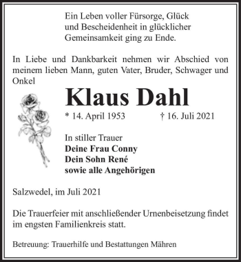 Traueranzeige von Klaus Dahl  von Magdeburger Volksstimme