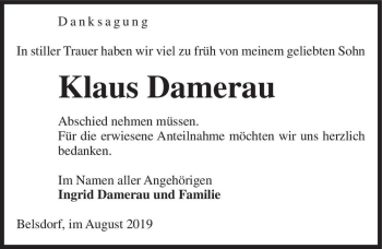 Traueranzeige von Klaus Damerau  von Magdeburger Volksstimme