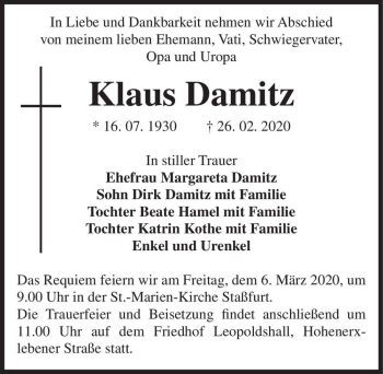 Traueranzeige von Klaus Damitz  von Magdeburger Volksstimme
