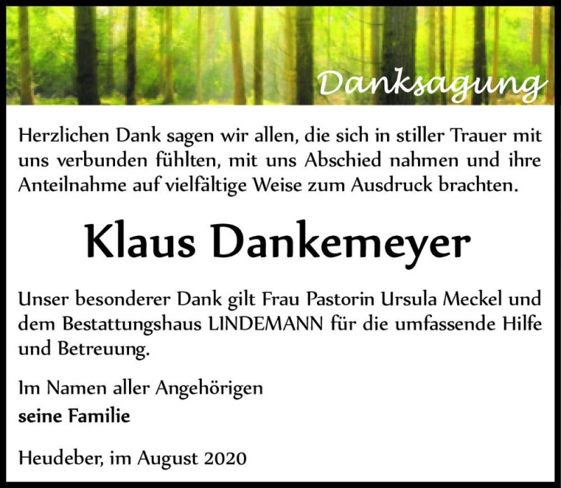  Traueranzeige für Klaus Dankemeyer  vom 22.08.2020 aus Magdeburger Volksstimme