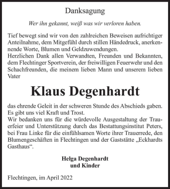 Traueranzeige von Klaus Degenhardt  von Magdeburger Volksstimme