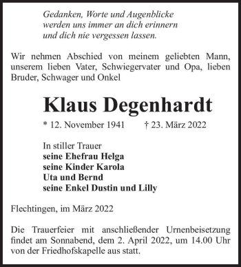 Traueranzeige von Klaus Degenhardt  von Magdeburger Volksstimme