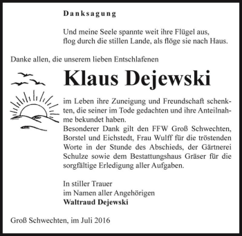 Traueranzeige von Klaus Dejewski  von Magdeburger Volksstimme