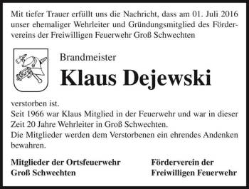 Traueranzeige von Klaus Dejewski  von Magdeburger Volksstimme